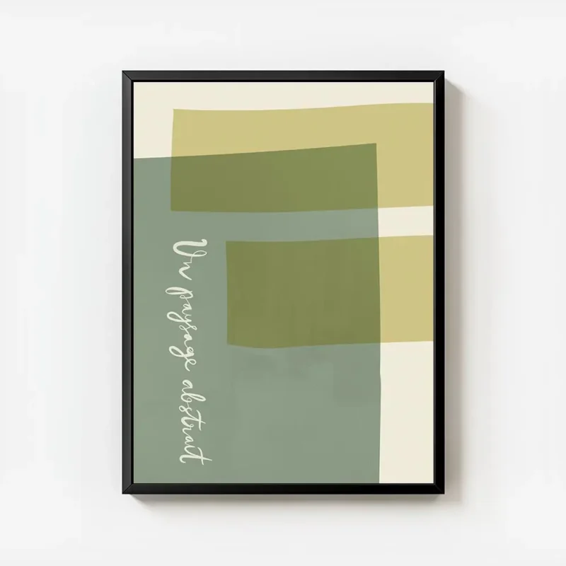 affiche avec des formes rectangulaires et courbes aux couleurs vert sauge jaune avec cadre.webp
