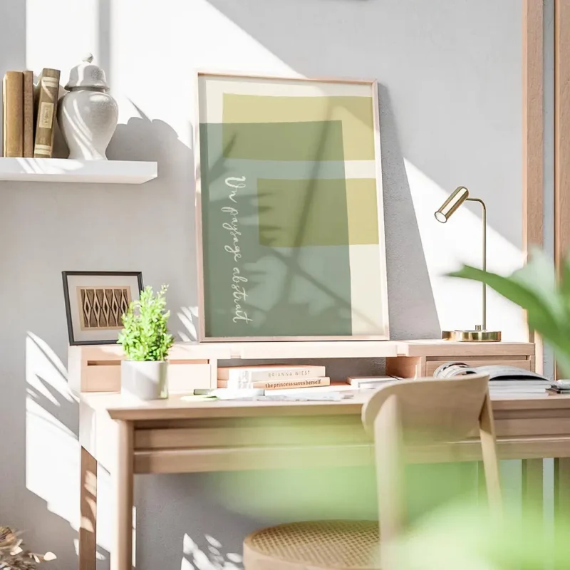 affiche avec des formes rectangulaires et courbes aux couleurs vert sauge jaune bureau.webp