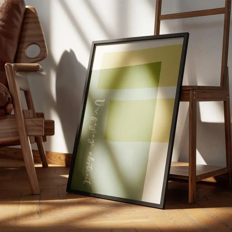 affiche avec des formes rectangulaires et courbes aux couleurs vert sauge jaune encadre.webp