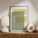 affiche avec des formes rectangulaires et courbes aux couleurs vert sauge jaune meuble.webp