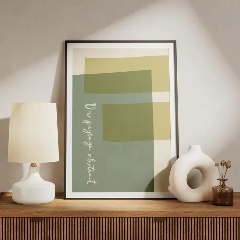 affiche avec des formes rectangulaires et courbes aux couleurs vert sauge jaune meuble.webp