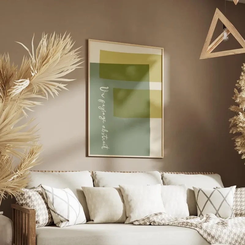 affiche avec des formes rectangulaires et courbes aux couleurs vert sauge jaune salon.webp