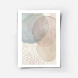 affiche avec des formes rondes en beige rose et bleu et un fond de points blancs.webp