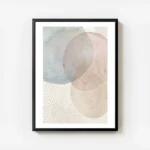 affiche avec des formes rondes en beige rose et bleu et un fond de points blancs avec cadre.webp