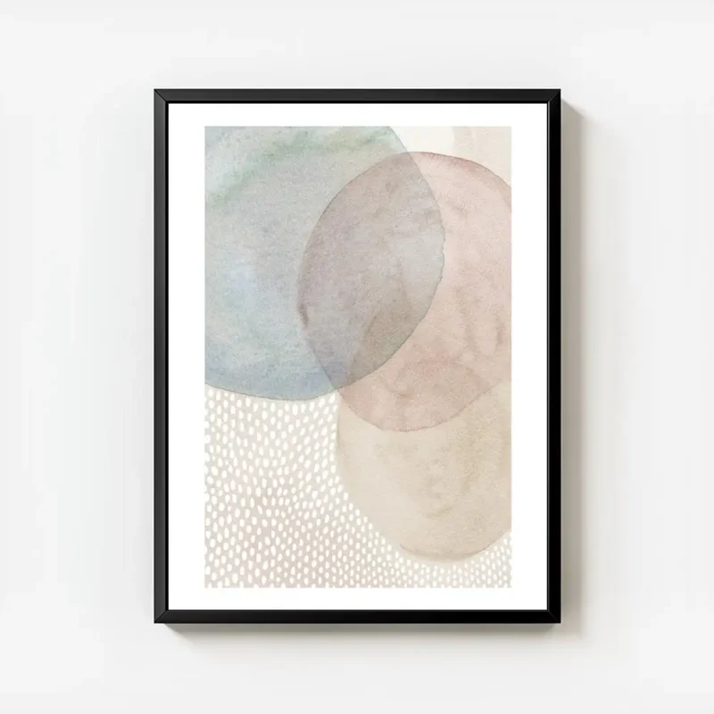 affiche avec des formes rondes en beige rose et bleu et un fond de points blancs avec cadre.webp