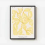affiche avec des formes tourbillonnantes jaunes sur fond blanc et texte noir sty avec cadre.webp