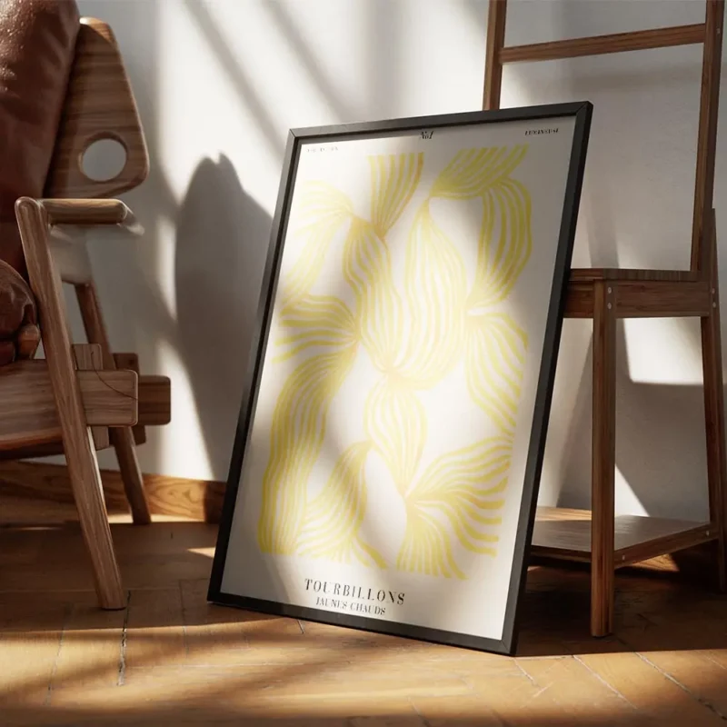 affiche avec des formes tourbillonnantes jaunes sur fond blanc et texte noir sty encadre.webp