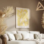 affiche avec des formes tourbillonnantes jaunes sur fond blanc et texte noir sty salon.webp