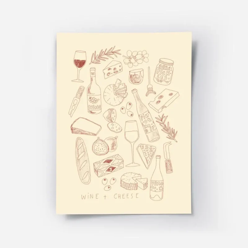 affiche avec des illustrations de vin fromages pain fruits et cornichons sur fon.webp