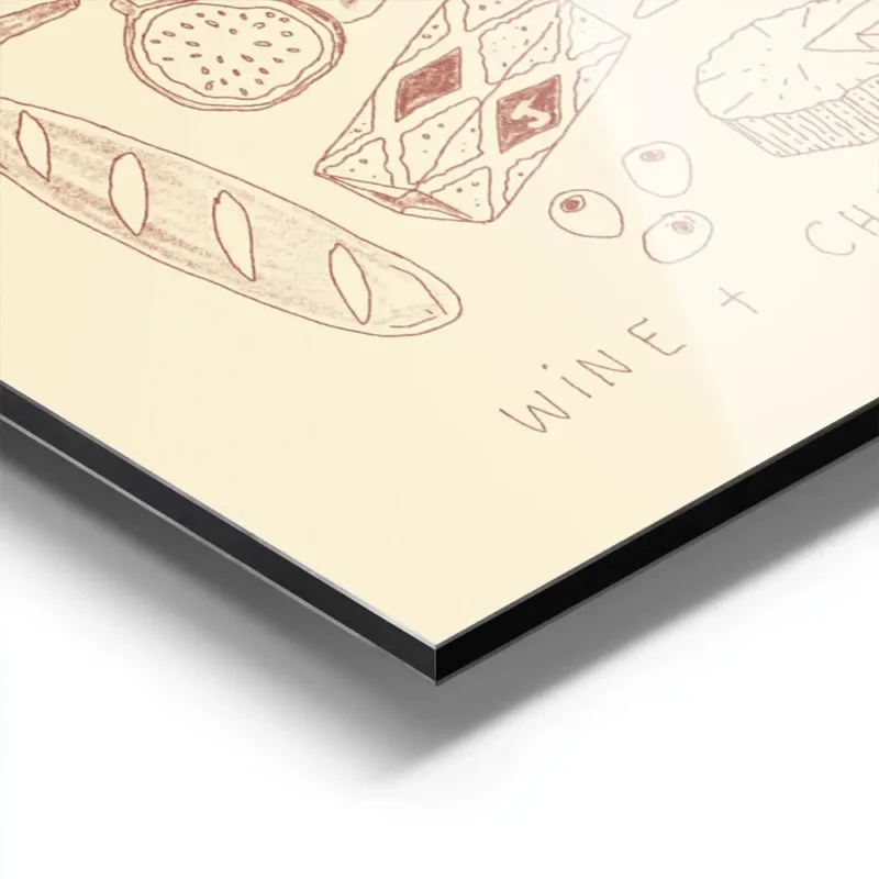 affiche avec des illustrations de vin fromages pain fruits et cornichons sur fon aluminium.webp