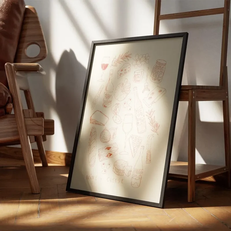 affiche avec des illustrations de vin fromages pain fruits et cornichons sur fon encadre.webp