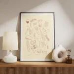 affiche avec des illustrations de vin fromages pain fruits et cornichons sur fon meuble.webp