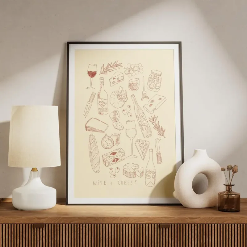 affiche avec des illustrations de vin fromages pain fruits et cornichons sur fon meuble.webp