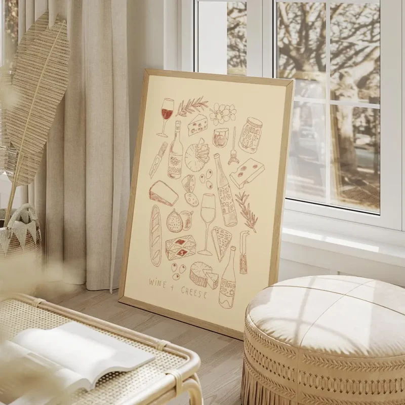 affiche avec des illustrations de vin fromages pain fruits et cornichons sur fon salon beige.webp