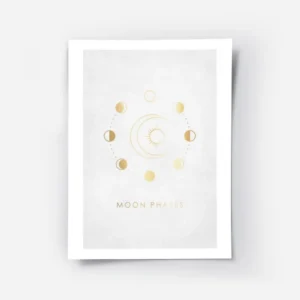affiche avec des illustrations dorees dune lune et dun soleil entoures de phases.webp