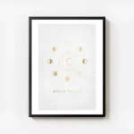 affiche avec des illustrations dorees dune lune et dun soleil entoures de phases avec cadre.webp