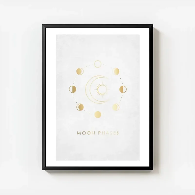 affiche avec des illustrations dorees dune lune et dun soleil entoures de phases avec cadre.webp