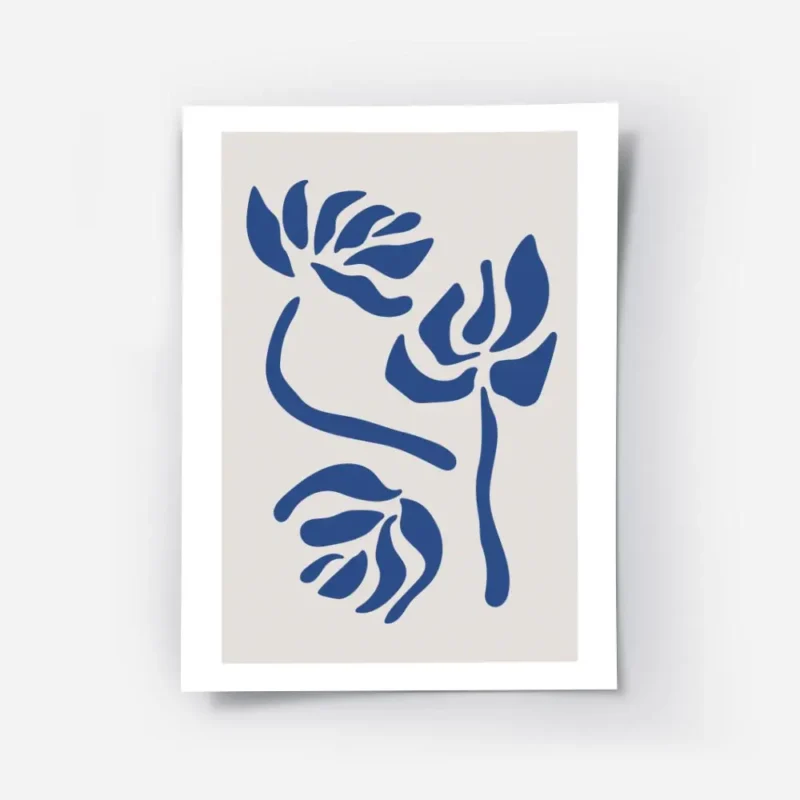 affiche avec des illustrations graphiques de fleurs bleues sur un fond beige cla.webp