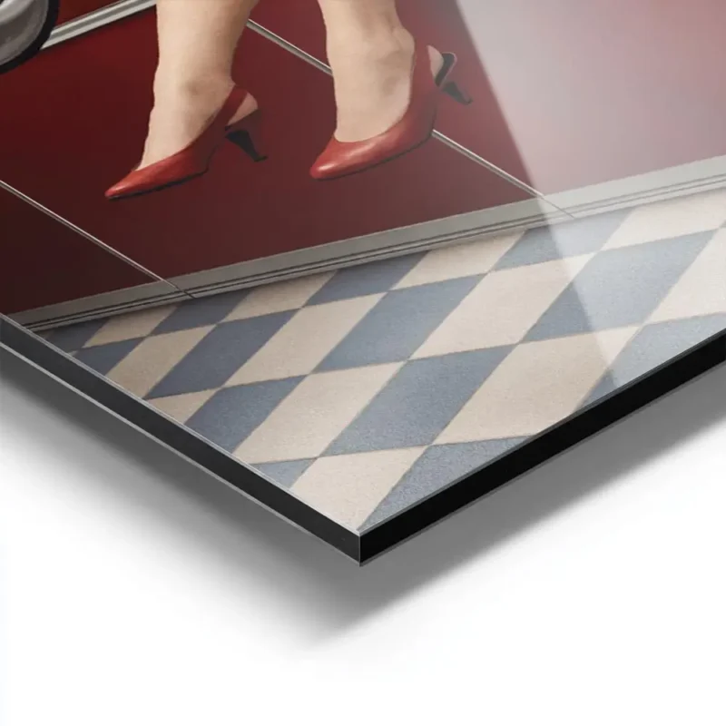 affiche avec des jambes de femme en talons rouges sortant dune machine a laver r aluminium.webp