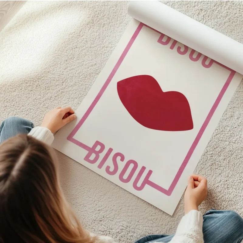 affiche avec des levres rouges et le typographie bisou bisou rose sur fond clair en rouleau.webp