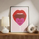 affiche avec des levres rouges ouvertes tenant une sucette rose barbie en forme meuble.webp