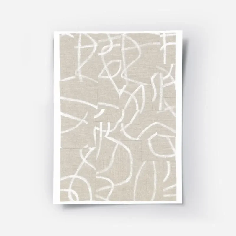 affiche avec des lignes abstraites blanches sur un fond beige a texture textile .webp