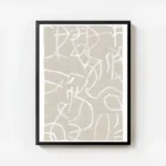 affiche avec des lignes abstraites blanches sur un fond beige a texture textile avec cadre.webp