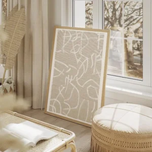 affiche avec des lignes abstraites blanches sur un fond beige a texture textile salon beige.webp