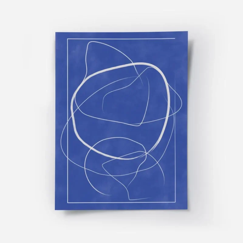 affiche avec des lignes abstraites blanches sur un fond bleu profond.webp