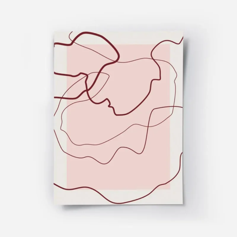 affiche avec des lignes abstraites rouges sur un fond rose clair et beige creant.webp