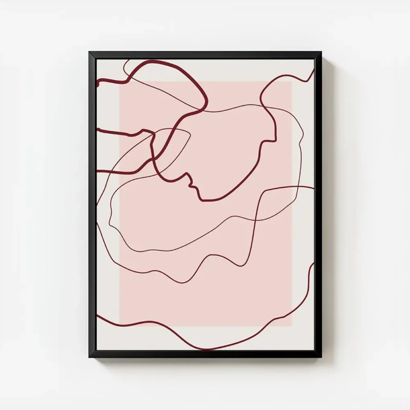 affiche avec des lignes abstraites rouges sur un fond rose clair et beige creant avec cadre.webp