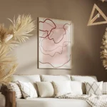 affiche avec des lignes abstraites rouges sur un fond rose clair et beige creant salon.webp