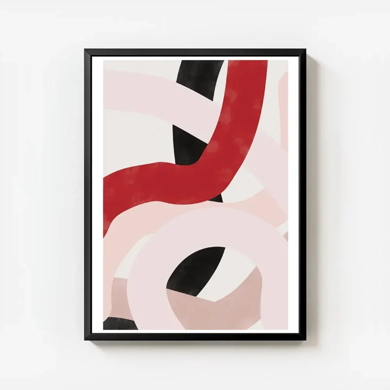 affiche avec des lignes epaisses abstraites rouges roses et noires entrelacees s avec cadre.webp