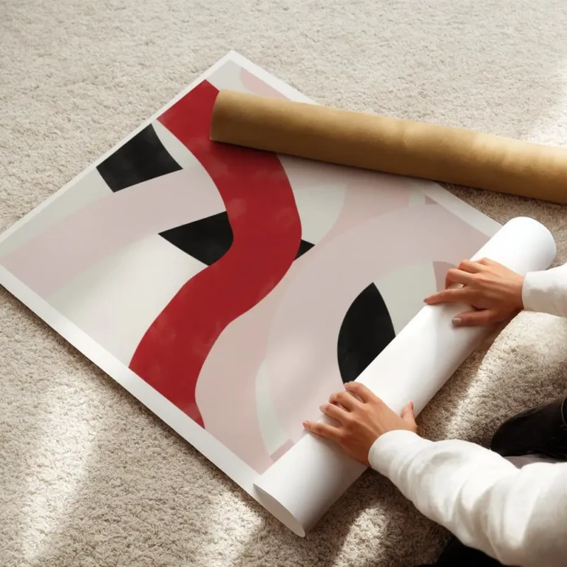 affiche avec des lignes epaisses abstraites rouges roses et noires entrelacees s enroule.webp