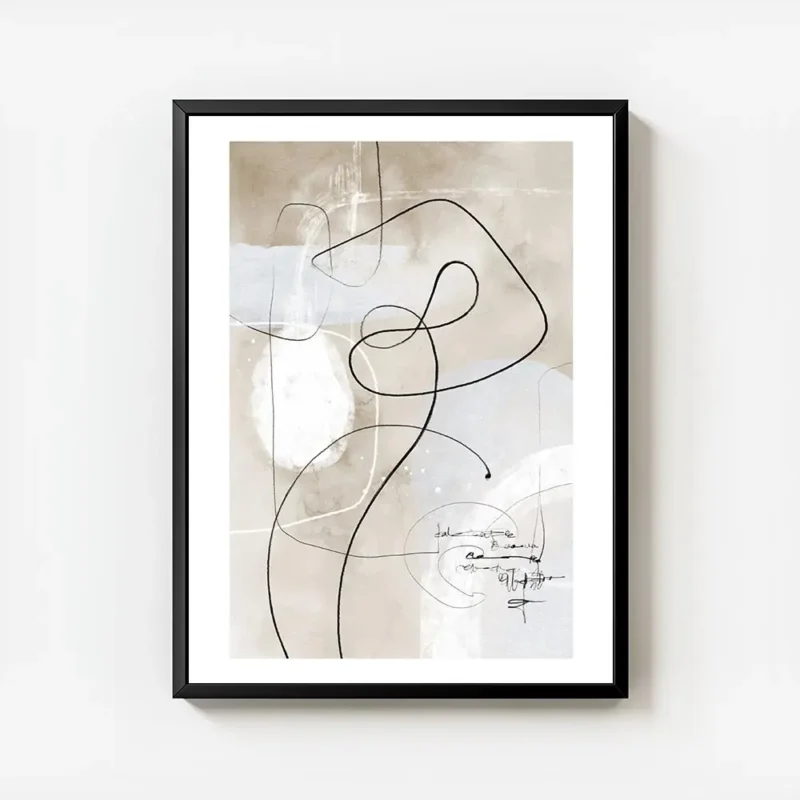 affiche avec des lignes et formes abstraites noires sur fond beige aquarelle ave avec cadre.webp