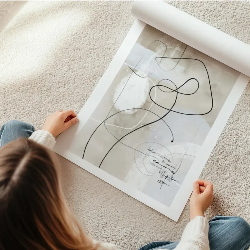 affiche avec des lignes et formes abstraites noires sur fond beige aquarelle ave en rouleau.webp