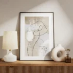 affiche avec des lignes et formes abstraites noires sur fond beige aquarelle ave meuble.webp