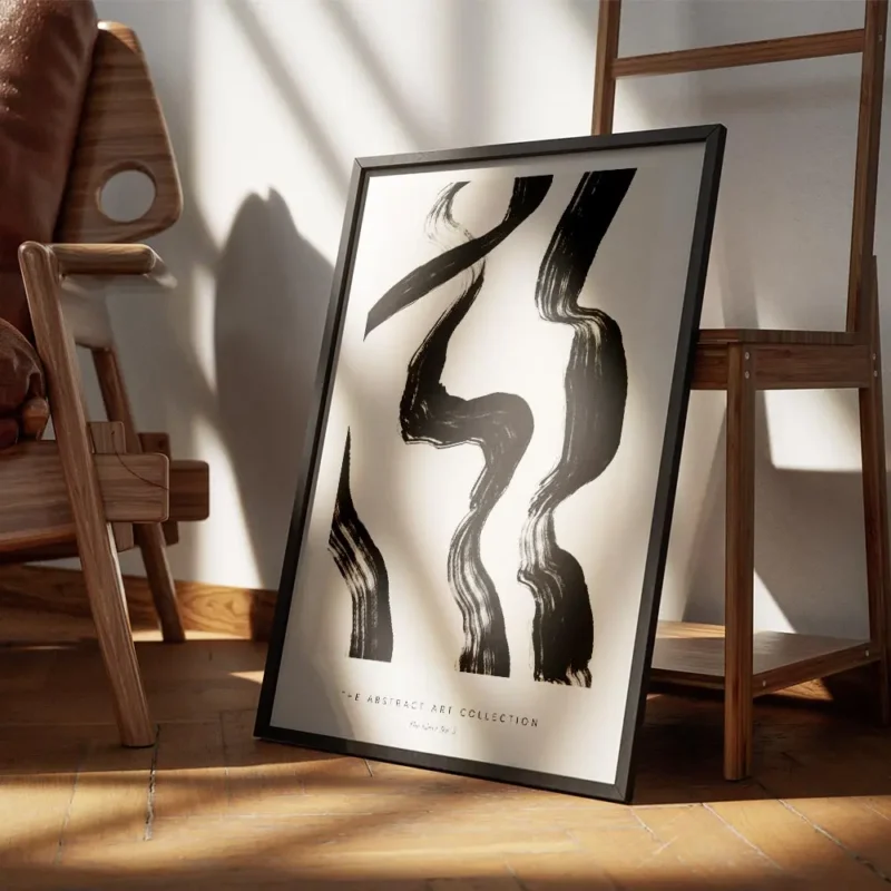 affiche avec des lignes noires epaisses et ondulantes sur un fond beige creant u encadre.webp