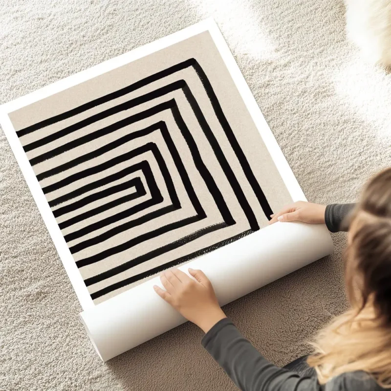 affiche avec des lignes noires formant un rectangle decentre sur un fond beige g au sol.webp