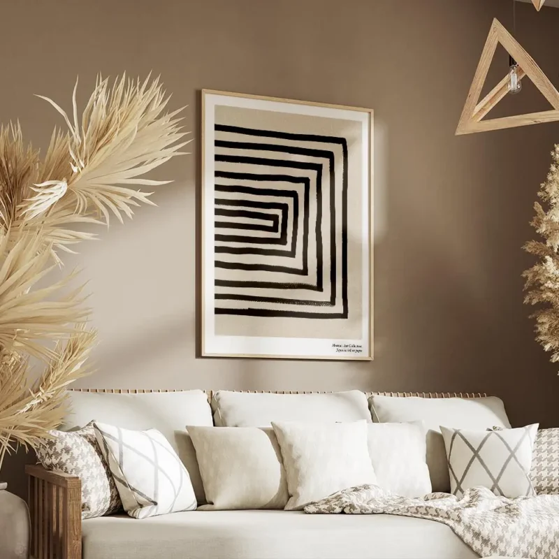 affiche avec des lignes noires formant un rectangle decentre sur un fond beige g salon.webp