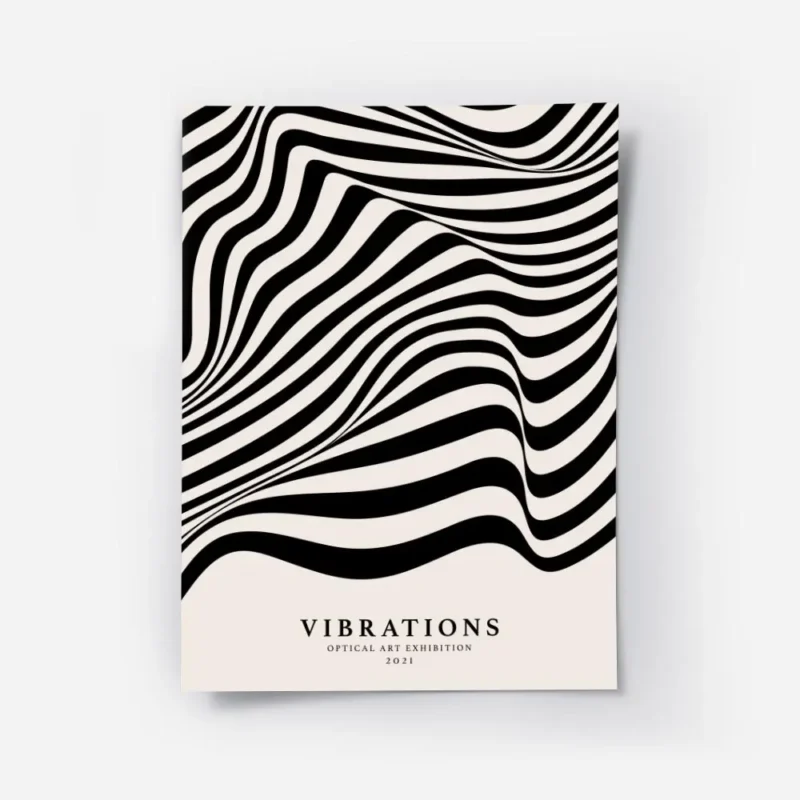 affiche avec des lignes noires ondulees sur fond beige creant un effet doptique .webp
