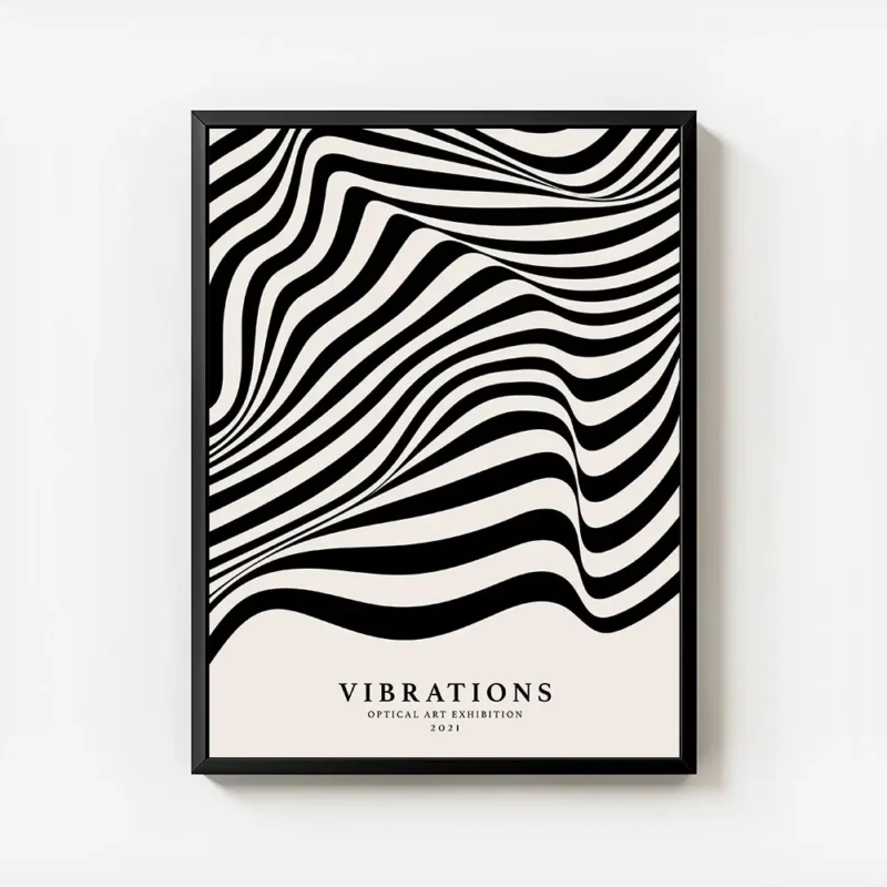 affiche avec des lignes noires ondulees sur fond beige creant un effet doptique avec cadre.webp