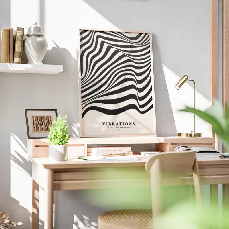 affiche avec des lignes noires ondulees sur fond beige creant un effet doptique bureau.webp