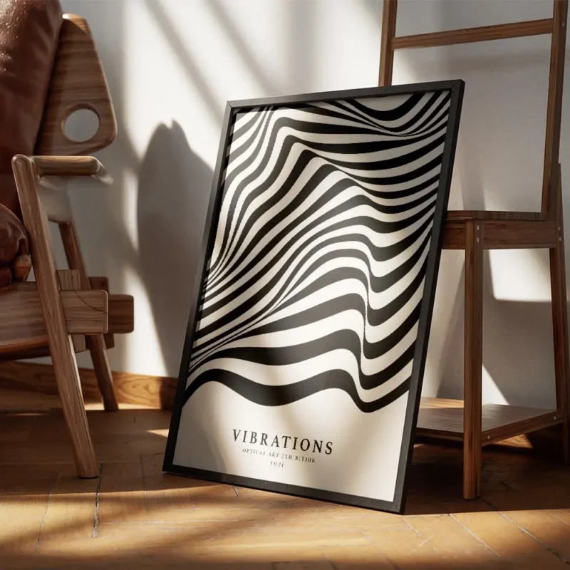 affiche avec des lignes noires ondulees sur fond beige creant un effet doptique encadre.webp