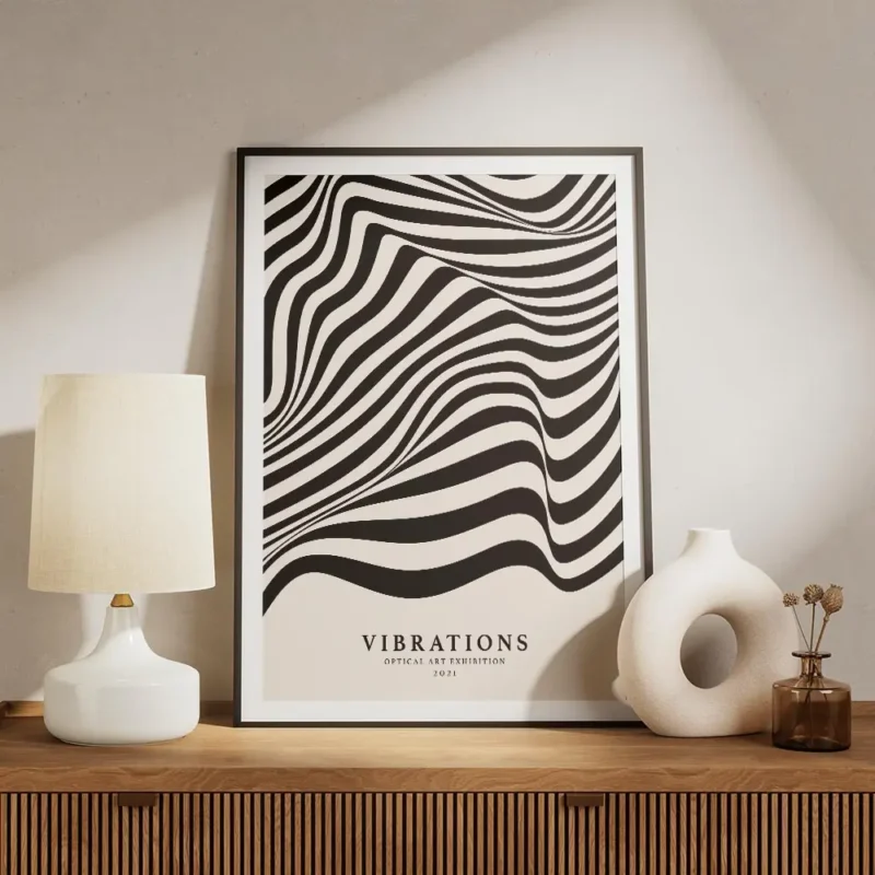 affiche avec des lignes noires ondulees sur fond beige creant un effet doptique meuble.webp