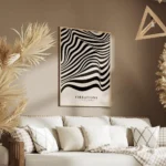 affiche avec des lignes noires ondulees sur fond beige creant un effet doptique salon.webp