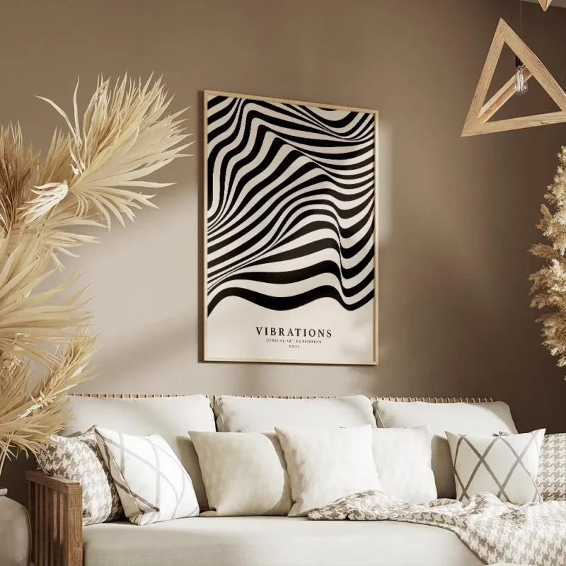 affiche avec des lignes noires ondulees sur fond beige creant un effet doptique salon.webp