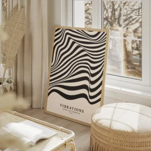 affiche avec des lignes noires ondulees sur fond beige creant un effet doptique salon beige.webp