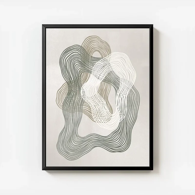 affiche avec des lignes ondulees vertes beiges et blanches formant des motifs ci avec cadre.webp