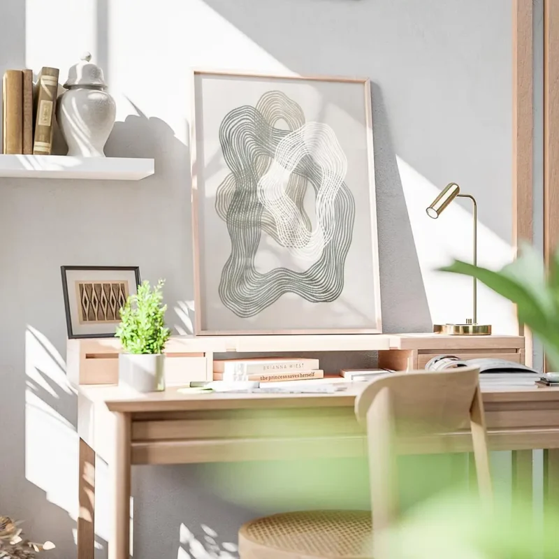 affiche avec des lignes ondulees vertes beiges et blanches formant des motifs ci bureau.webp
